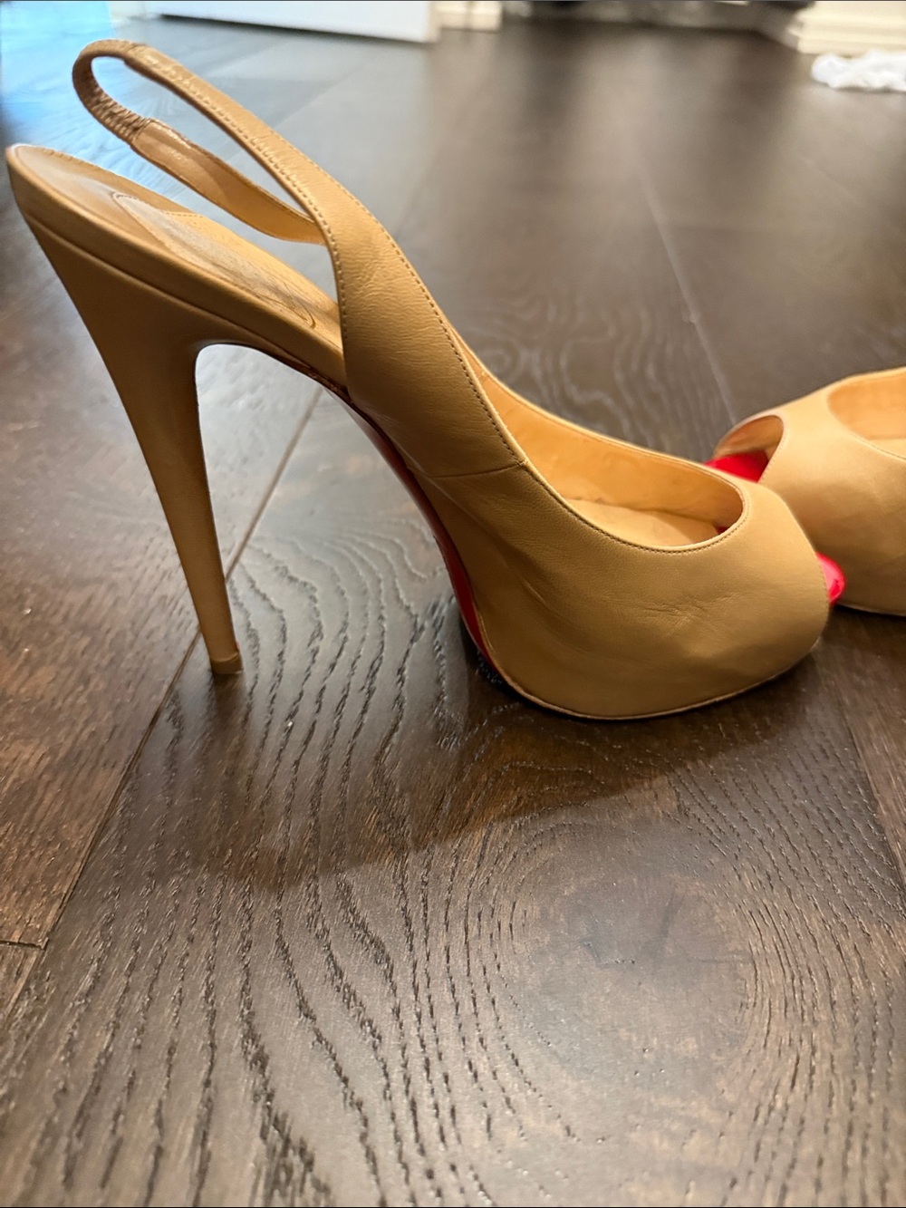 Christian Louboutin Nude Slingback Peep-Toe Pumps with Red Patent Toe